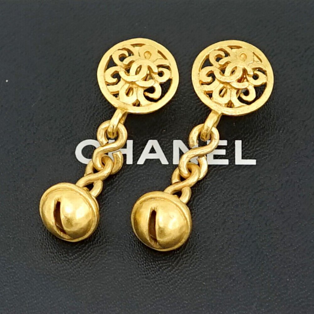 CHANEL CC Logos Filigree bell Dangle Earrings Gold Tone 95P Auth w/Box #2100